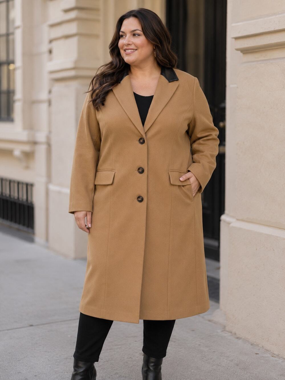 Torrid 3X Camel Longline Coat Black PU Collar NWT Plus Size Wool Look Jacket